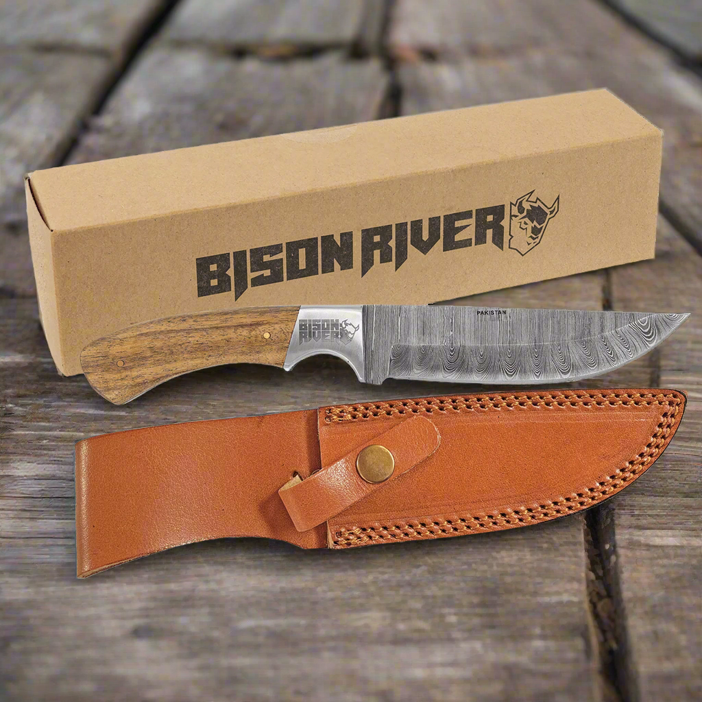 Bison River Acacia Wood Fixed Blade Knife | Damascus Steel & Leather Sheath