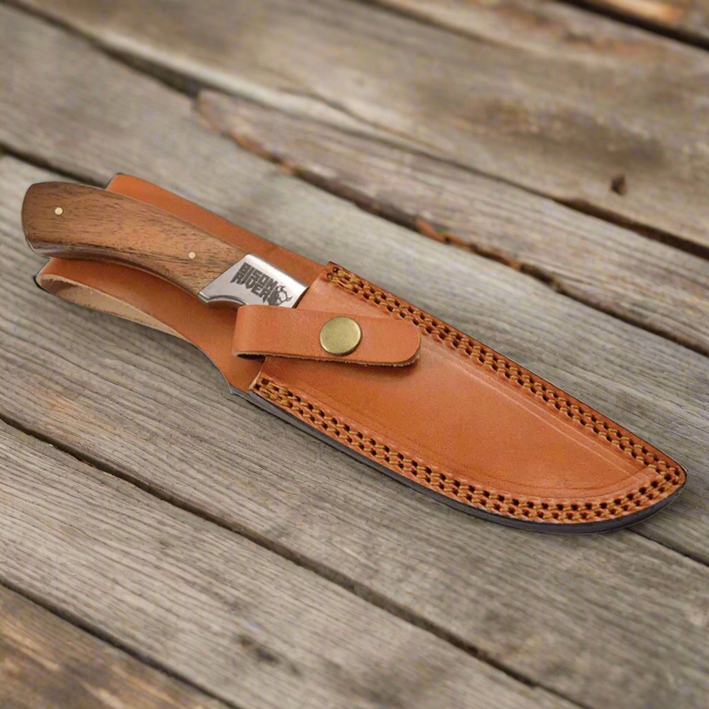 Bison River Acacia Wood Fixed Blade Knife | Damascus Steel & Leather Sheath