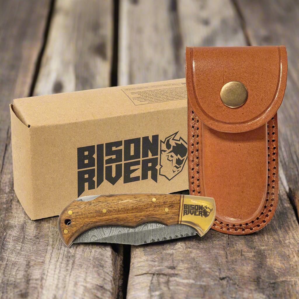 Bison River Acacia Wood Folding Knife | Damascus Steel Blade & Leather Sheath