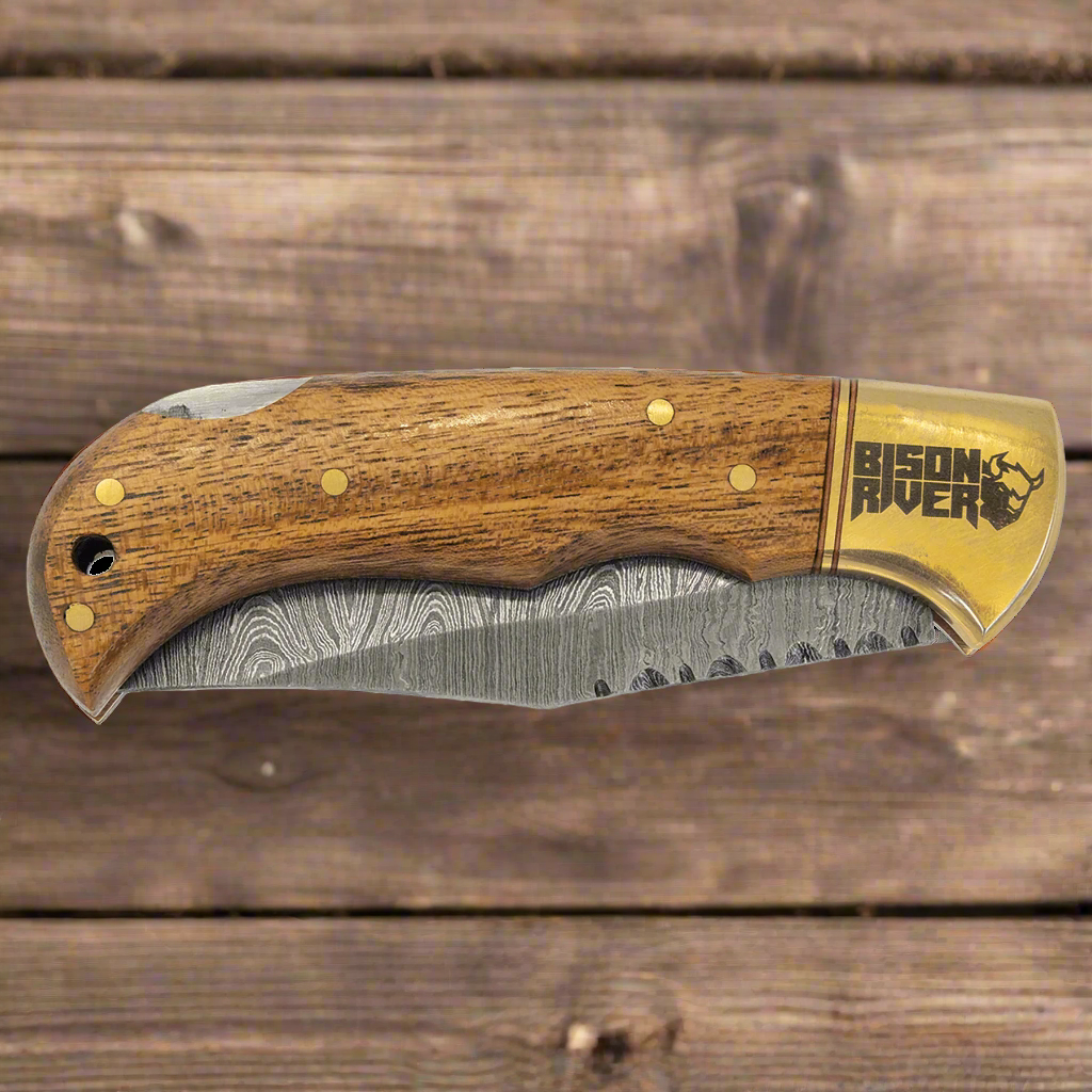 Bison River Acacia Folding Knife | Damascus Steel Blade & Leather Sheath Wood