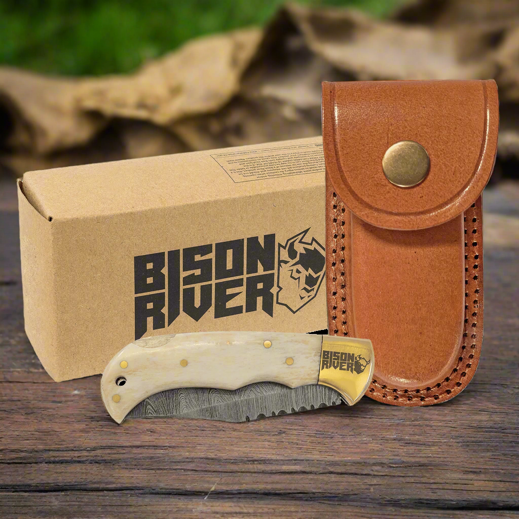Bison River Bone Folding Knife | Damascus Steel Blade & Leather Sheath