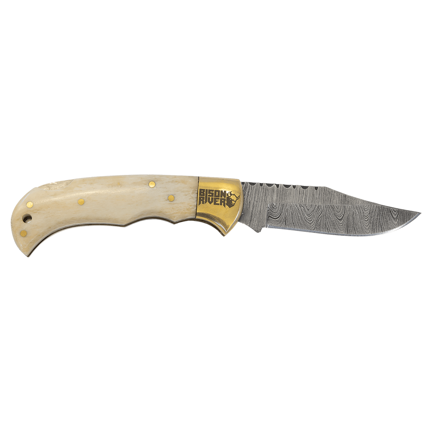 Bison River Acacia Folding Knife | Damascus Steel Blade & Leather Sheath Wood