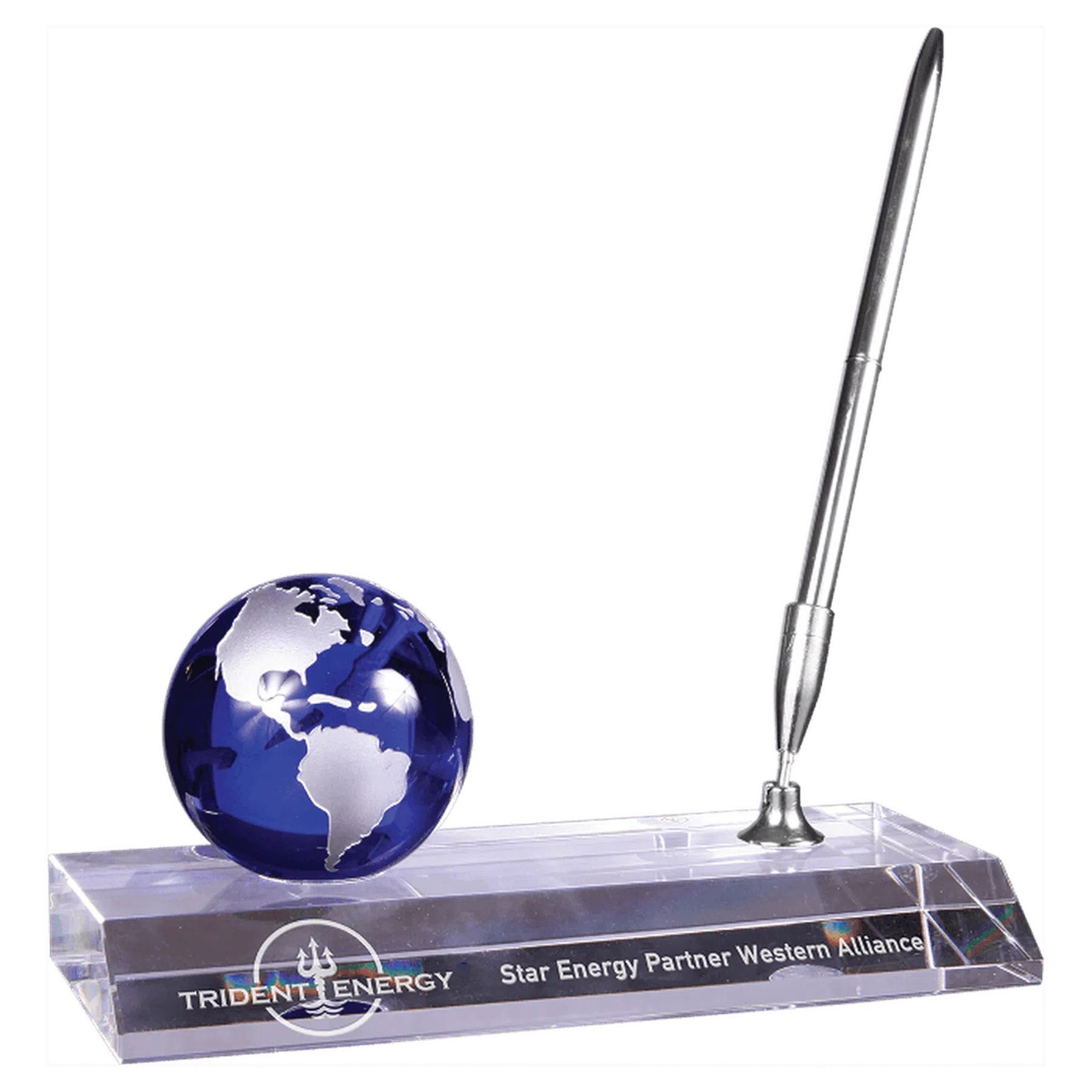 Blue Optic Crystal Globe with Base and Pen