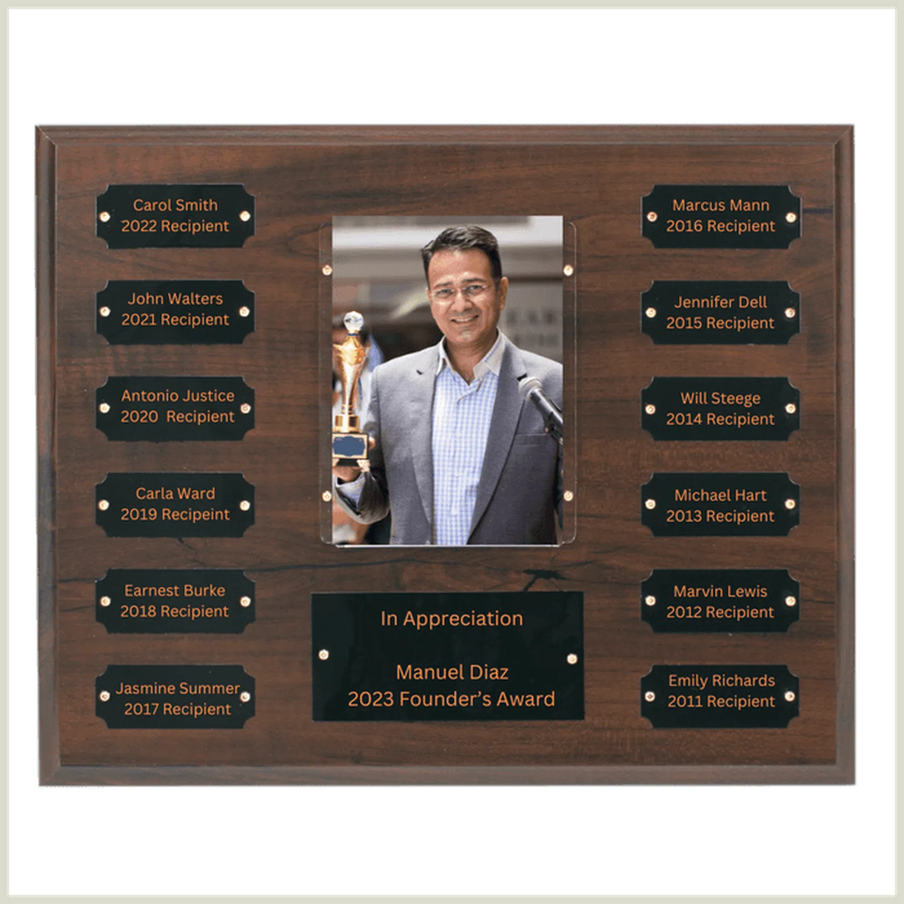 Cherry Finish Perpetual Plaque with 12 Plates & Photo Holder