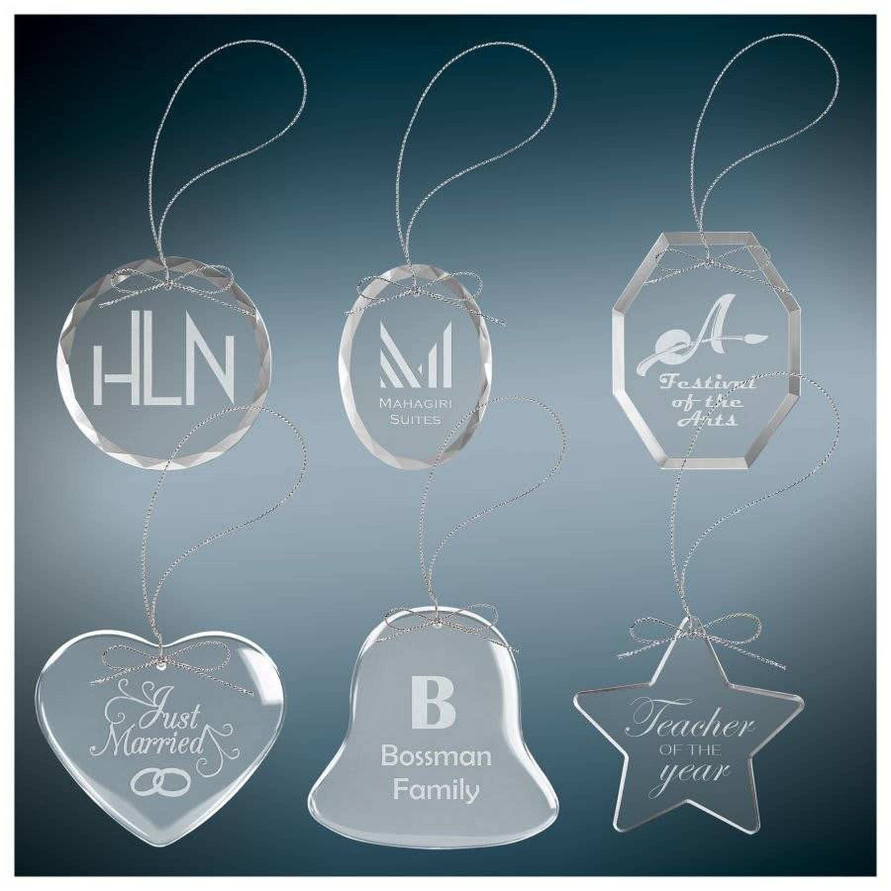 Clear Faceted Glass Ornaments with Silver String (Various Styles)