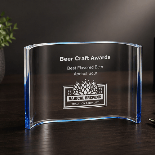 Clear Acrylic Crescent Awards | Clear and Blue Edge