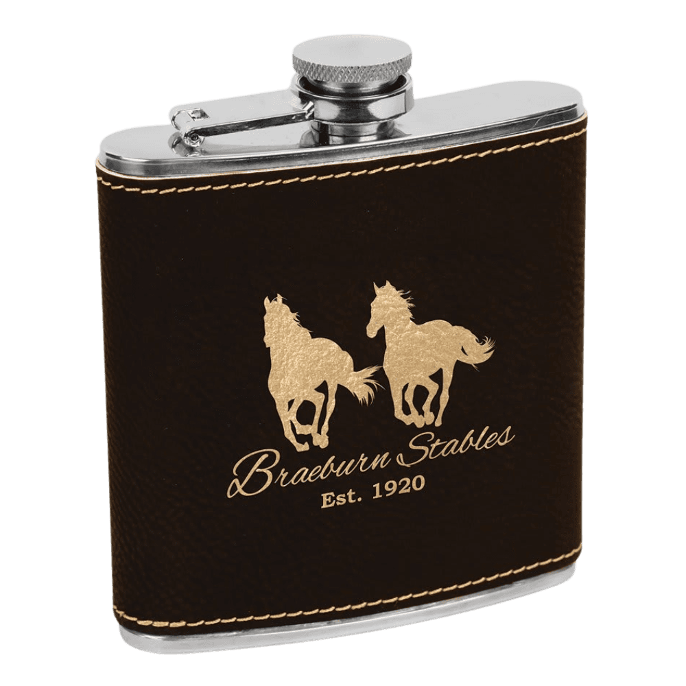 Personalized Flasks – 6 oz. Stainless with Leatherette & Cork Wraps Leatherette / Black/Gold / Stainless Steel