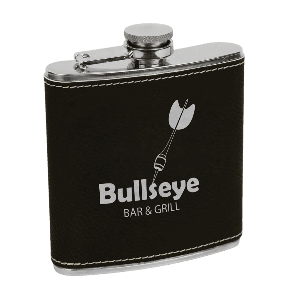 Personalized Flasks – 6 oz. Stainless with Leatherette & Cork Wraps Leatherette / Black/Silver / Stainless Steel