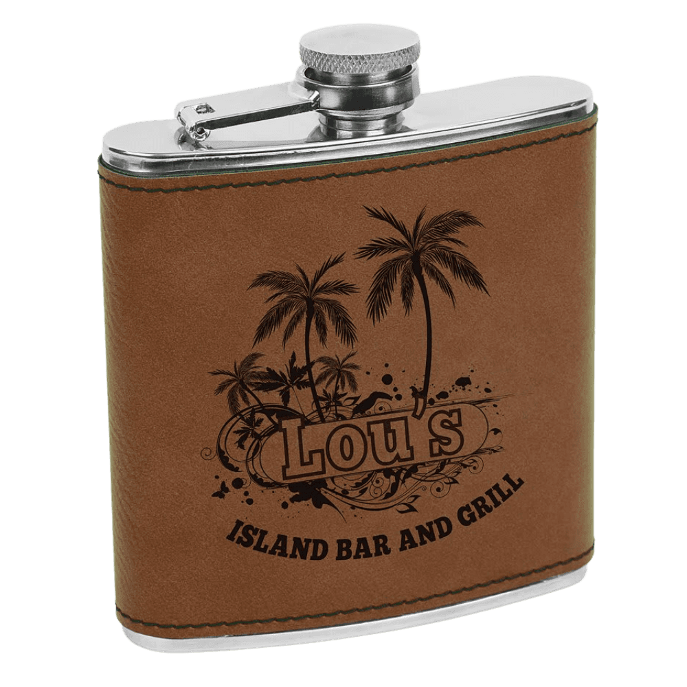Personalized Flasks – 6 oz. Stainless with Leatherette & Cork Wraps Leatherette / Dark Brown / Stainless Steel