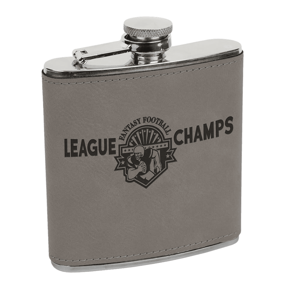 Personalized Flasks – 6 oz. Stainless with Leatherette & Cork Wraps Leatherette / Gray / Stainless Steel