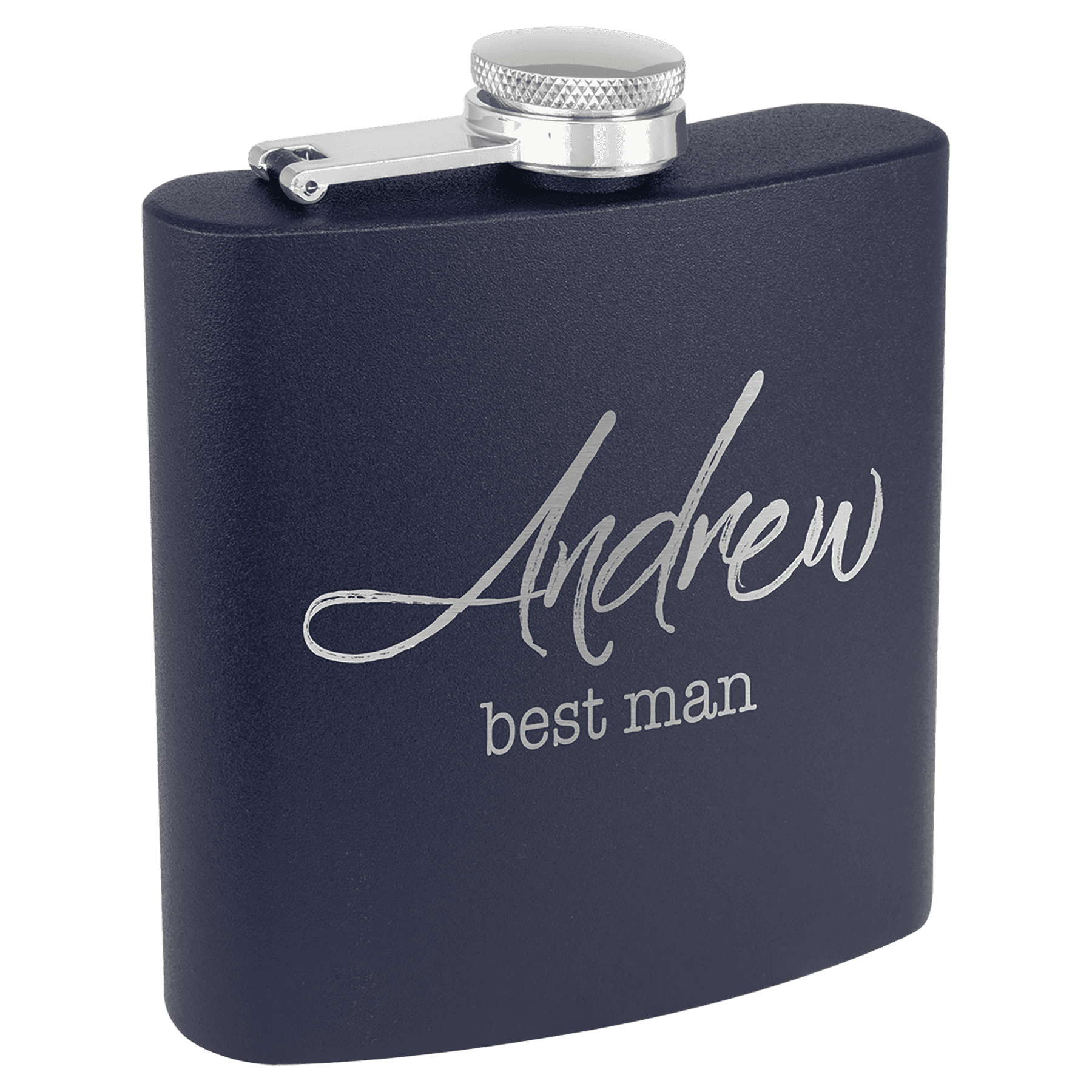 Personalized Flasks – 6 oz. Stainless with Leatherette & Cork Wraps Powder Coated / Navy Blue / Stainless Steel
