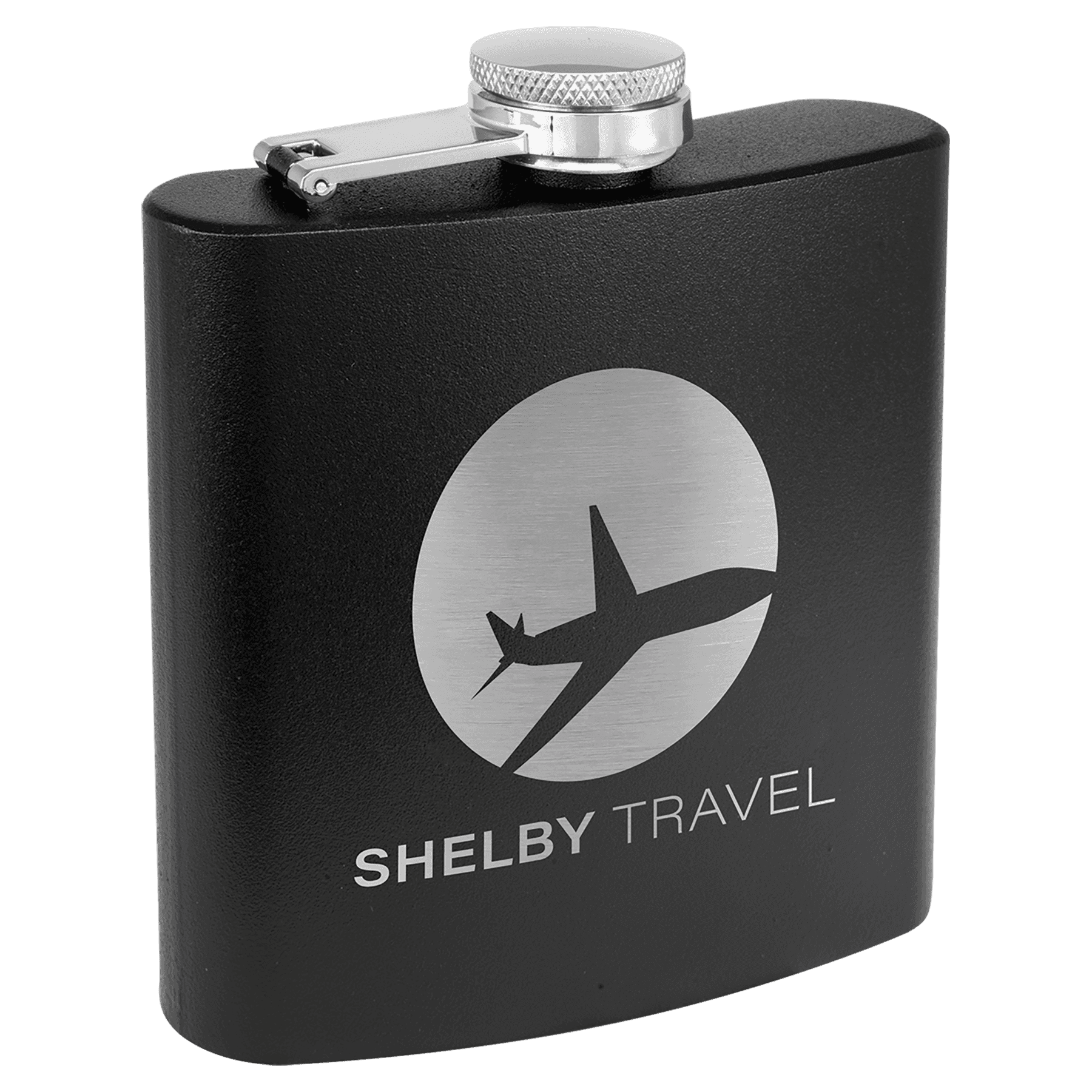 Personalized Flasks – 6 oz. Stainless with Leatherette & Cork Wraps Powder Coated / Black / Stainless Steel