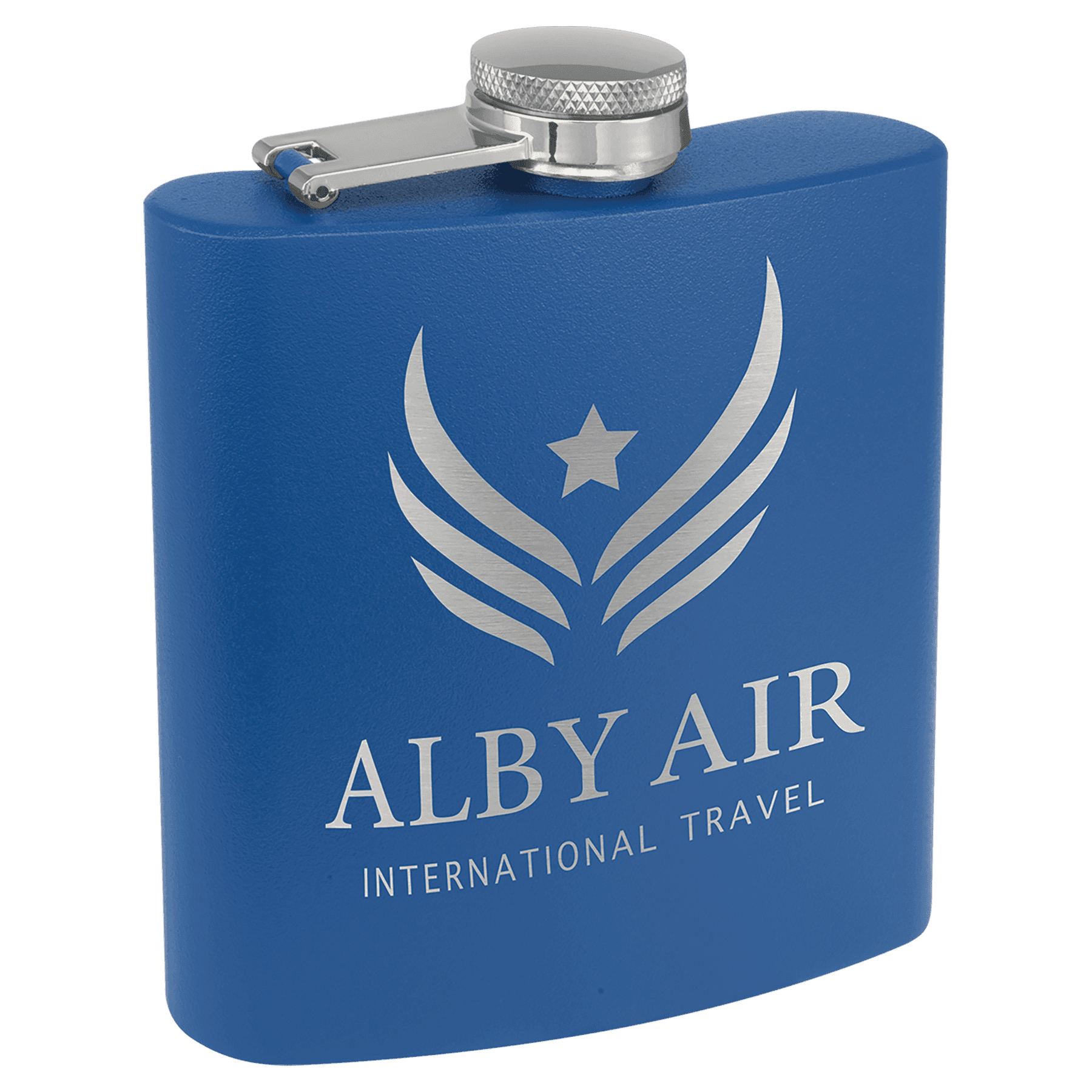 Personalized Flasks – 6 oz. Stainless with Leatherette & Cork Wraps Powder Coated / Royal Blue / Stainless Steel