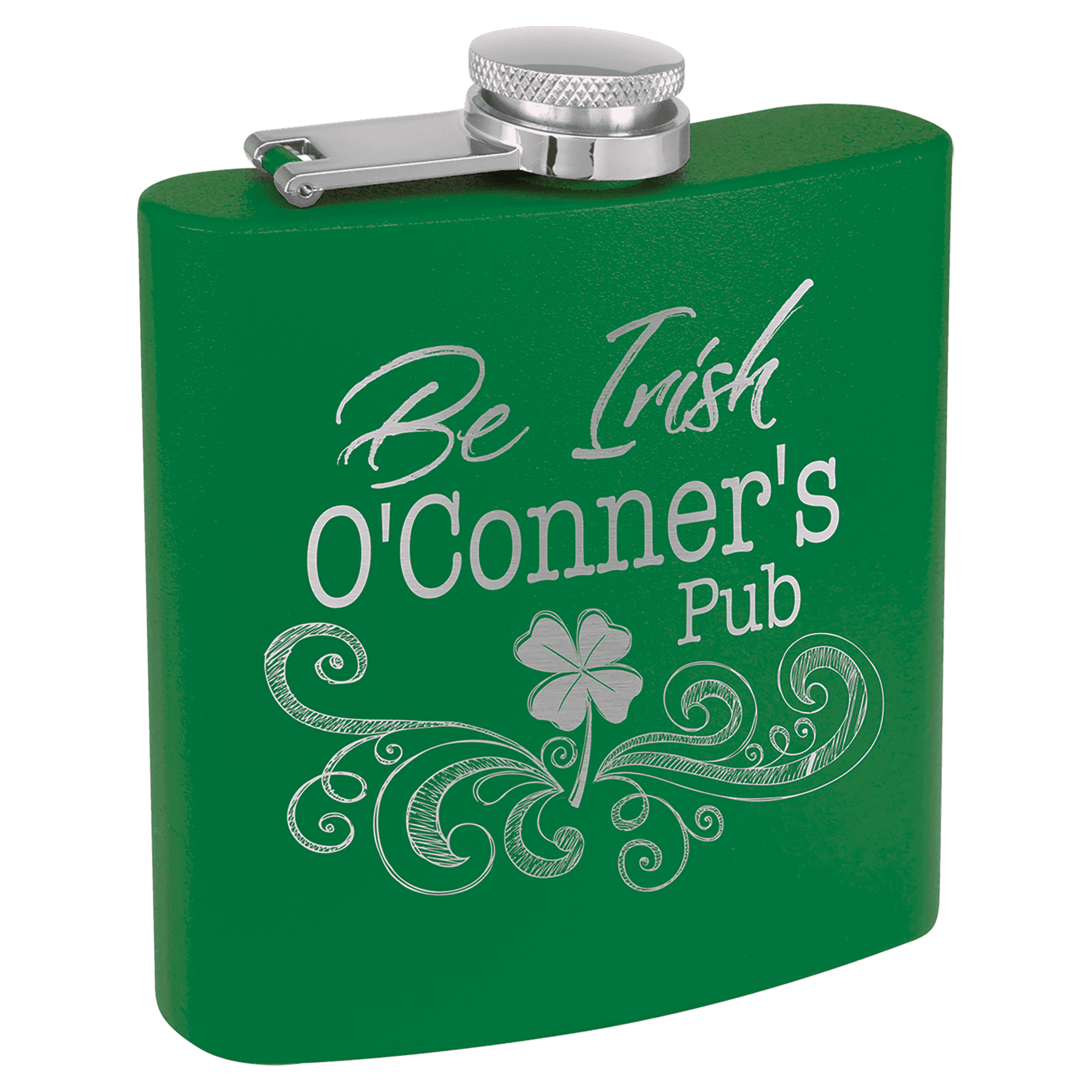 Personalized Flasks – 6 oz. Stainless with Leatherette & Cork Wraps Powder Coated / Green / Stainless Steel