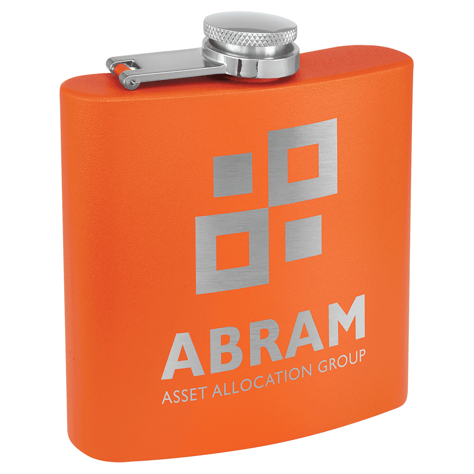 Personalized Flasks – 6 oz. Stainless with Leatherette & Cork Wraps Powder Coated / Orange / Stainless Steel