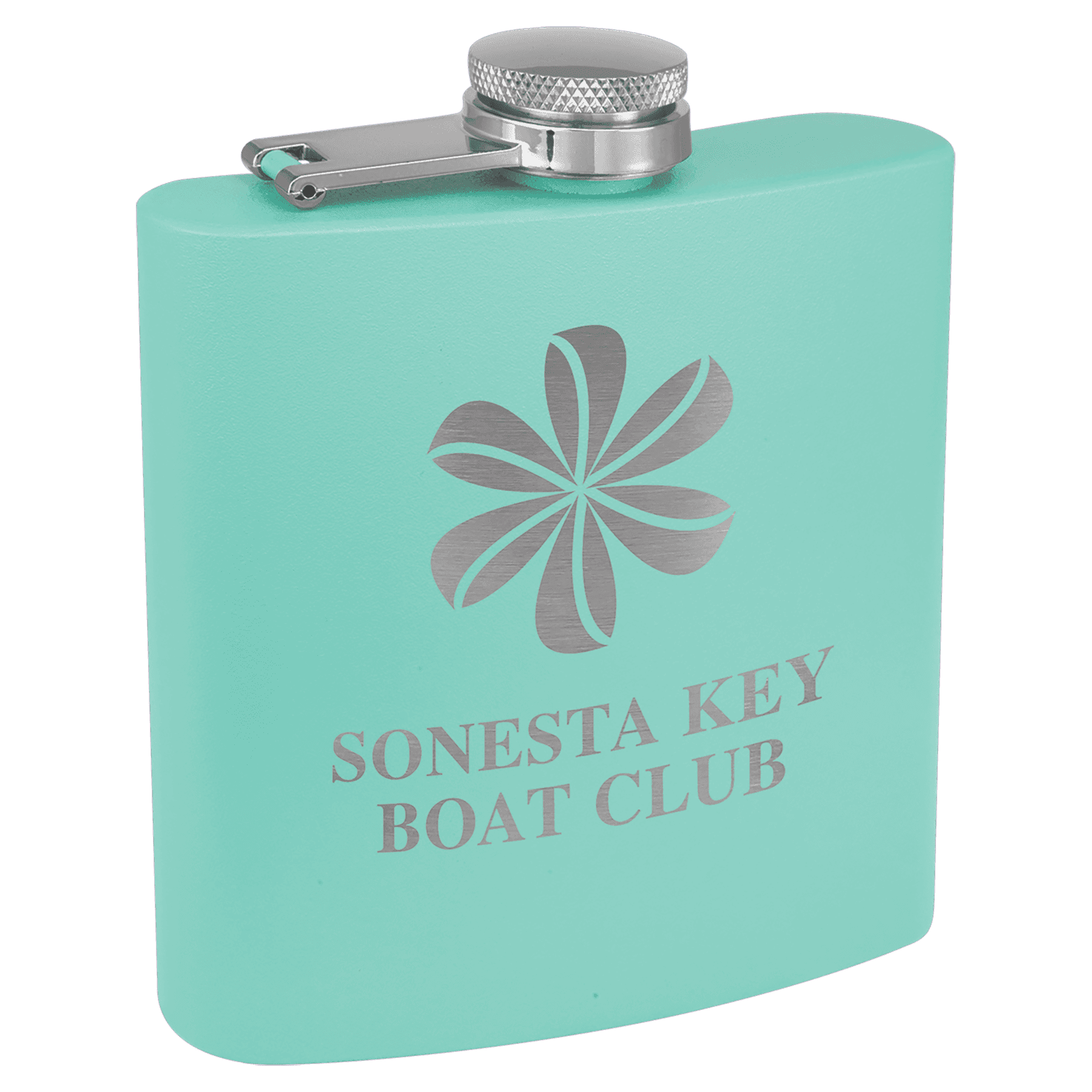 Personalized Flasks – 6 oz. Stainless with Leatherette & Cork Wraps Powder Coated / Teal / Stainless Steel