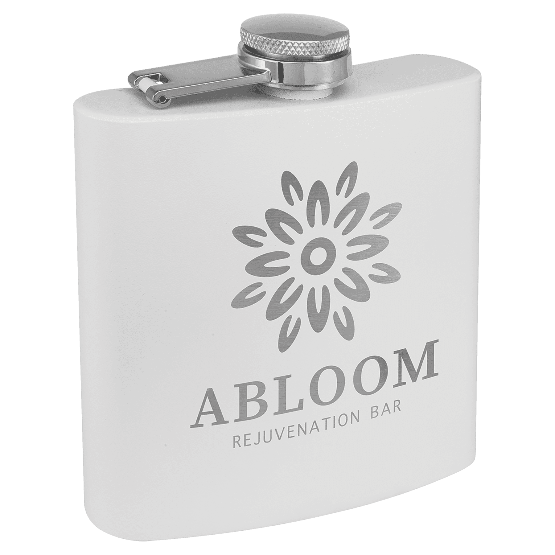 Personalized Flasks – 6 oz. Stainless with Leatherette & Cork Wraps Powder Coated / White / Stainless Steel