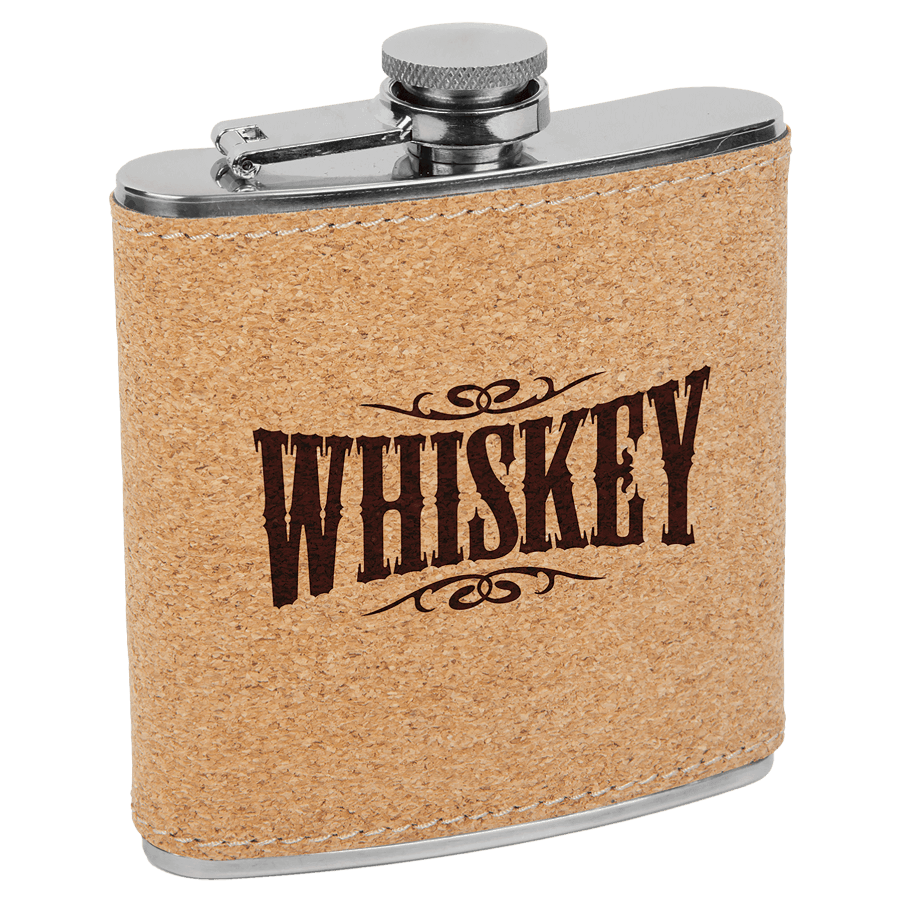 Personalized Flasks – 6 oz. Stainless with Leatherette & Cork Wraps Cork / Genuine Cork / Stainless Steel