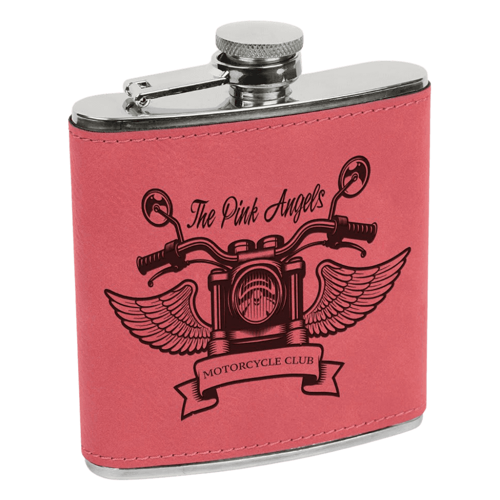 Personalized Flasks – 6 oz. Stainless with Leatherette & Cork Wraps Leatherette / Pink / Stainless Steel
