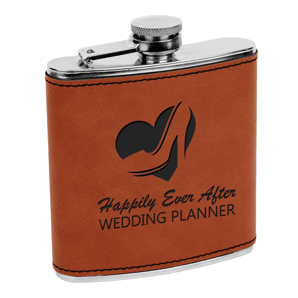 Personalized Flasks – 6 oz. Stainless with Leatherette & Cork Wraps Leatherette / Rawhide / Stainless Steel