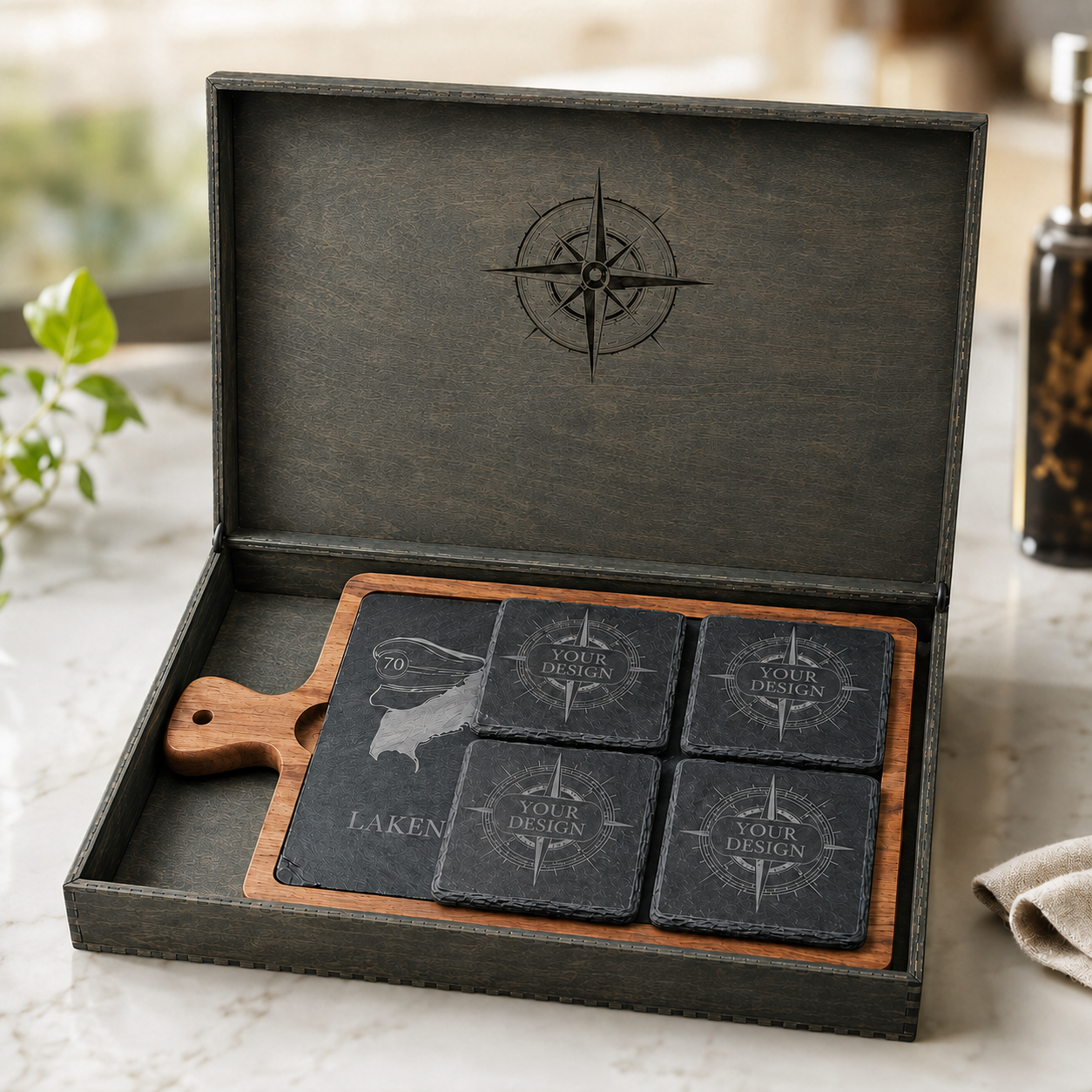 Custom Engraved Acacia Charcuterie Board Gift Set with Coasters - Shown Open