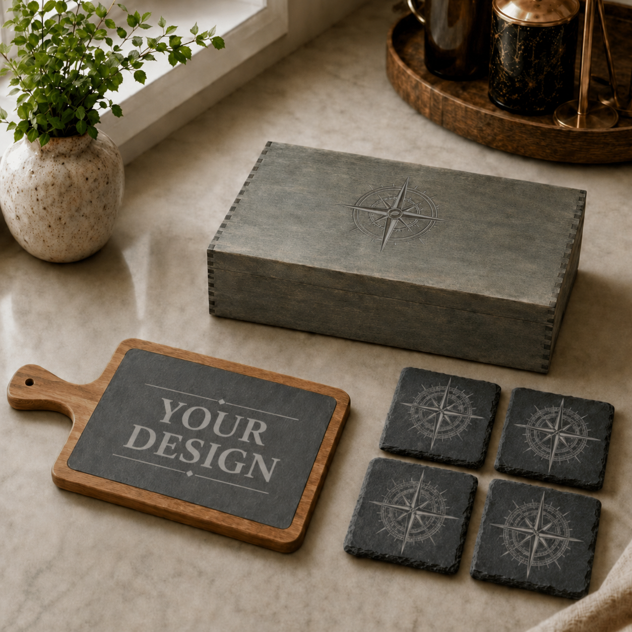 Custom Engraved Acacia Charcuterie Board Gift Set with Coasters - Individual Pieces
