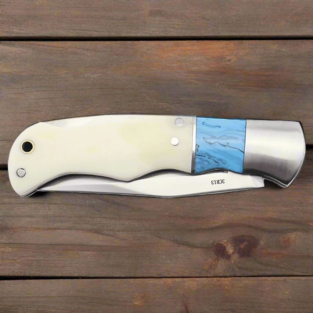 Bison River Folding Knife with Personalized Engraving Bone/Blue Epoxy