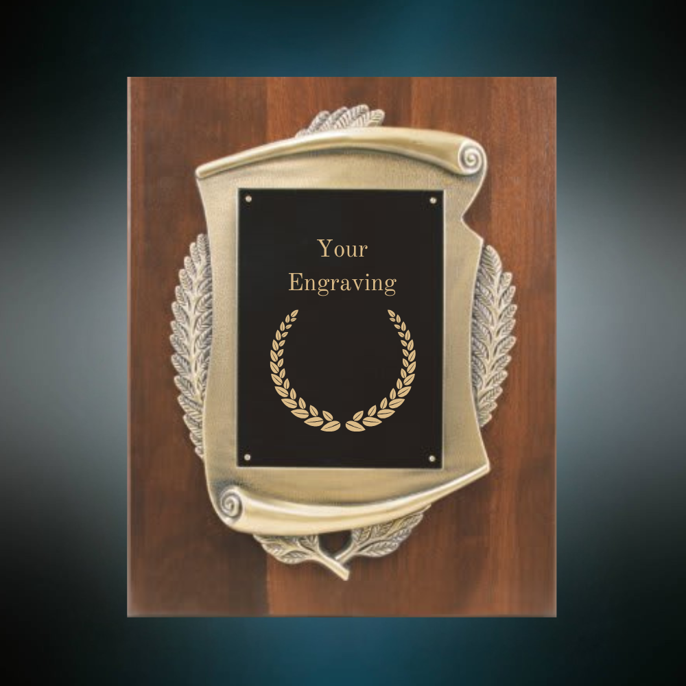 Elegant Walnut Scroll Plaque with Black Brass Plates | Custom Engraved Award