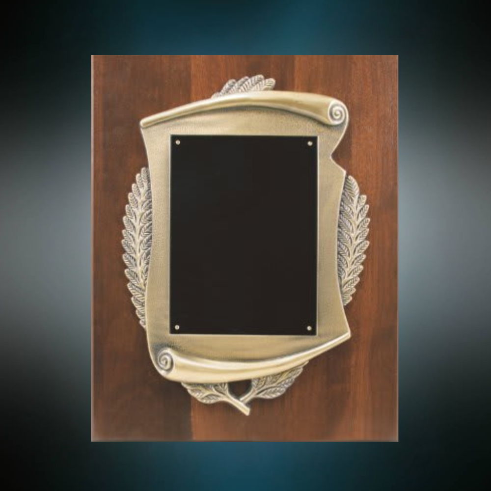 Elegant Walnut Scroll Plaque with Black Brass Plates | Custom Engraved Award