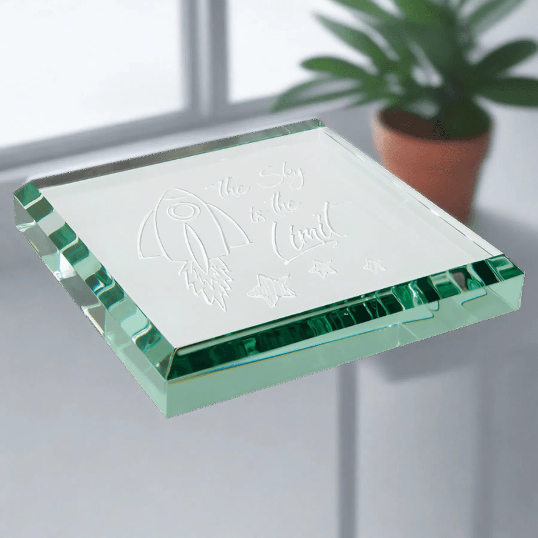 Engraved Square Jade Glass Paperweight