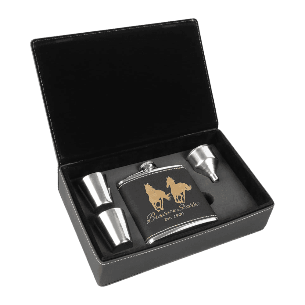 Personalized Flask Gift Sets – Custom Engraving with Funnel & Shot Glasses Leatherette Box / With 2 Shot Glasses and Funnel / Black/Gold