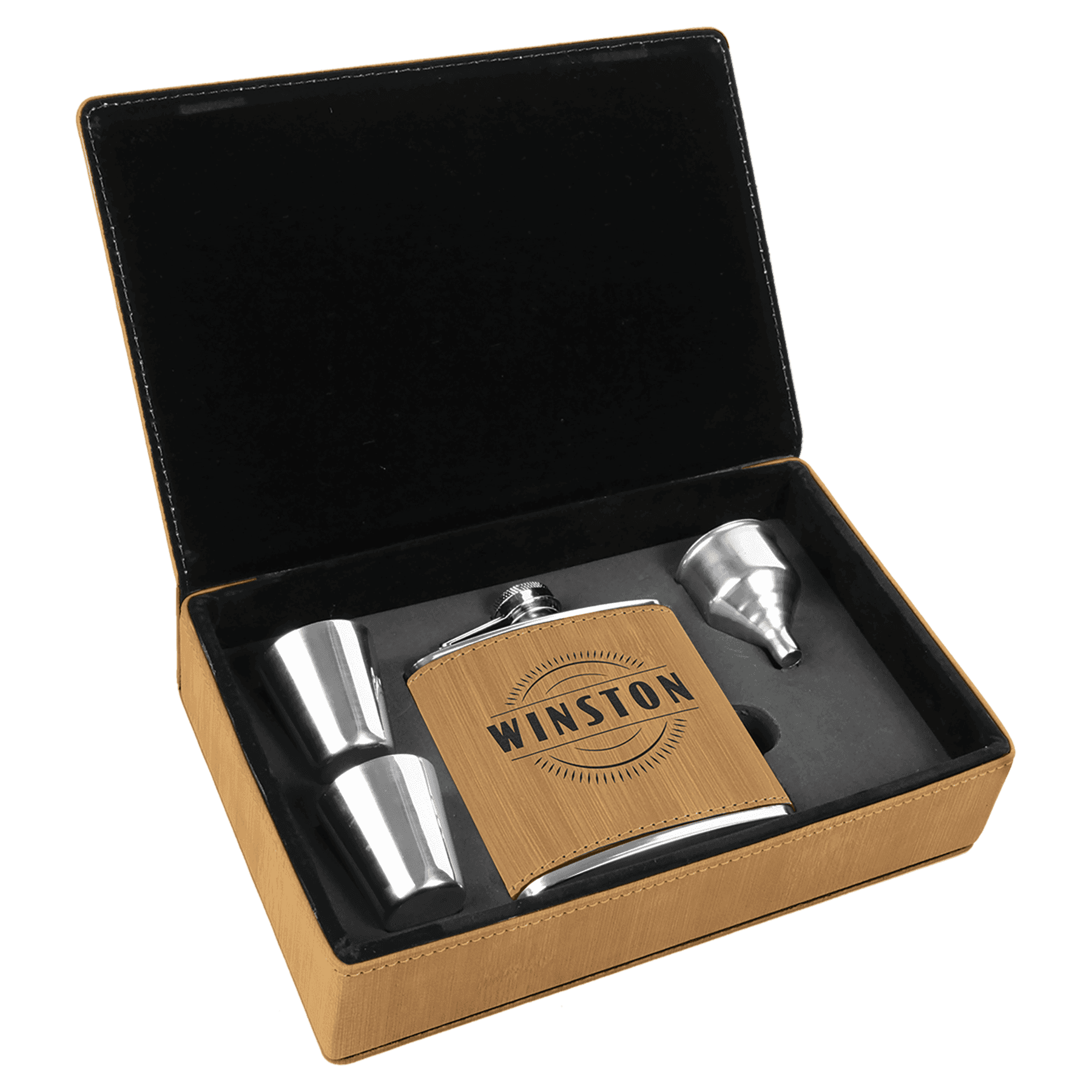 Personalized Flask Gift Sets – Custom Engraving with Funnel & Shot Glasses Leatherette Box / With 2 Shot Glasses and Funnel / Bamboo