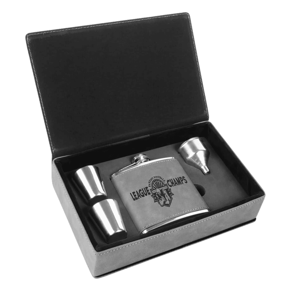 Personalized Flask Gift Sets – Custom Engraving with Funnel & Shot Glasses Leatherette Box / With 2 Shot Glasses and Funnel / Gray
