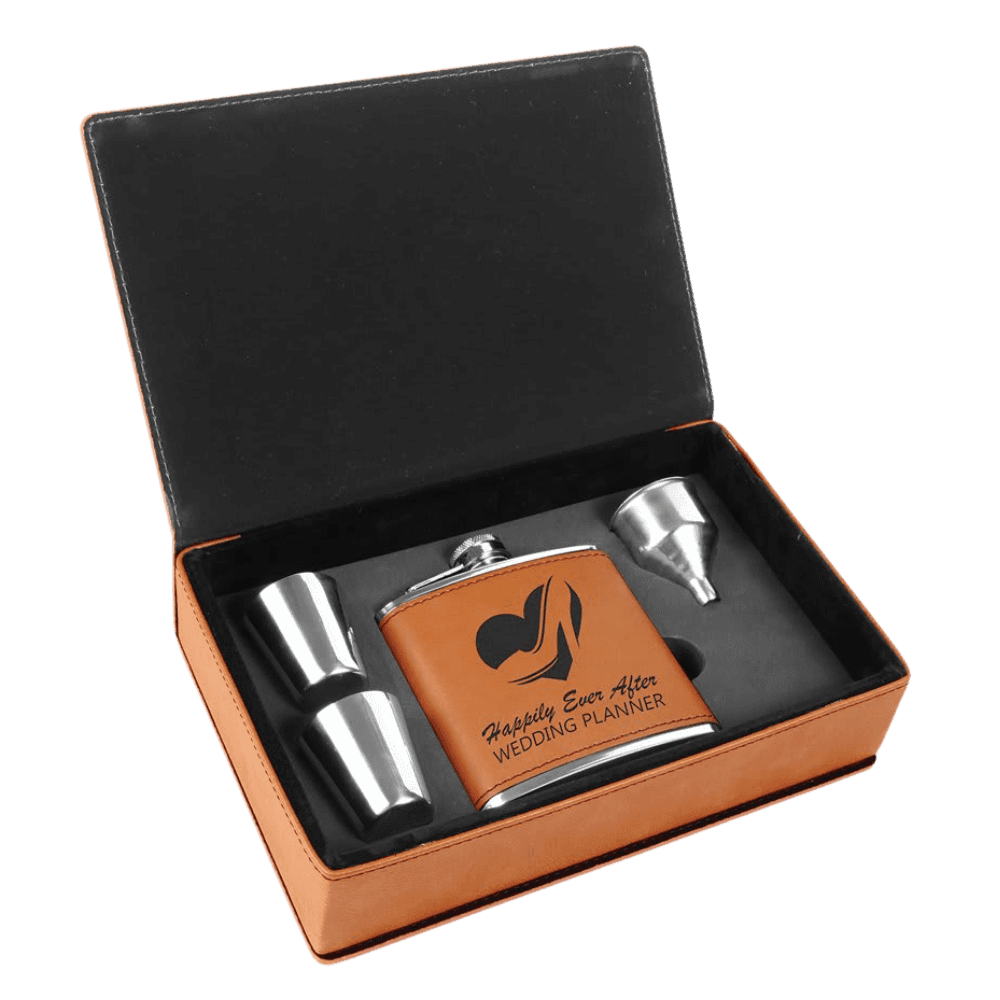 Personalized Flask Gift Sets – Custom Engraving with Funnel & Shot Glasses Leatherette Box / With 2 Shot Glasses and Funnel / Rawhide