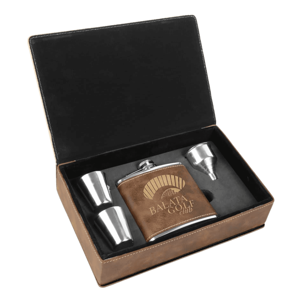 Personalized Flask Gift Sets – Custom Engraving with Funnel & Shot Glasses Leatherette Box / With 2 Shot Glasses and Funnel / Rustic