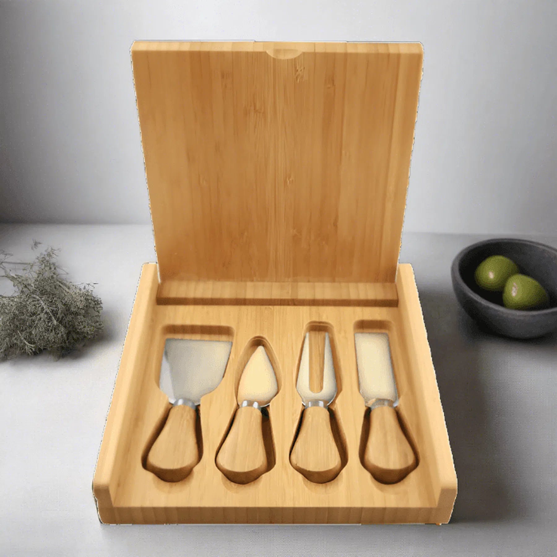 Genuine Bamboo Cheese Set with 4 Stainless Steel Tools