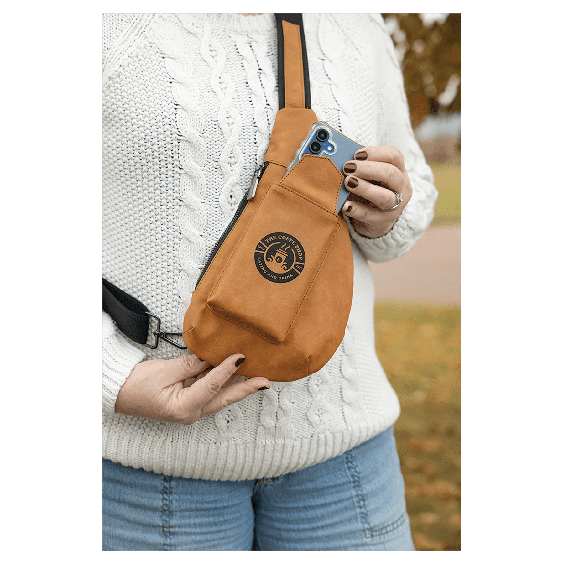 Personalized Leatherette Crossbody Bag - Creekside Collection Light Brown Open Phone Pocket