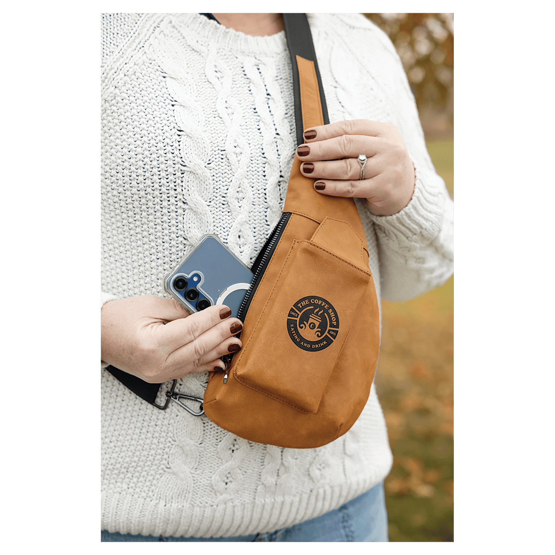 Personalized Leatherette Crossbody Bag - Creekside Collection Light Brown Open Phone Pocket