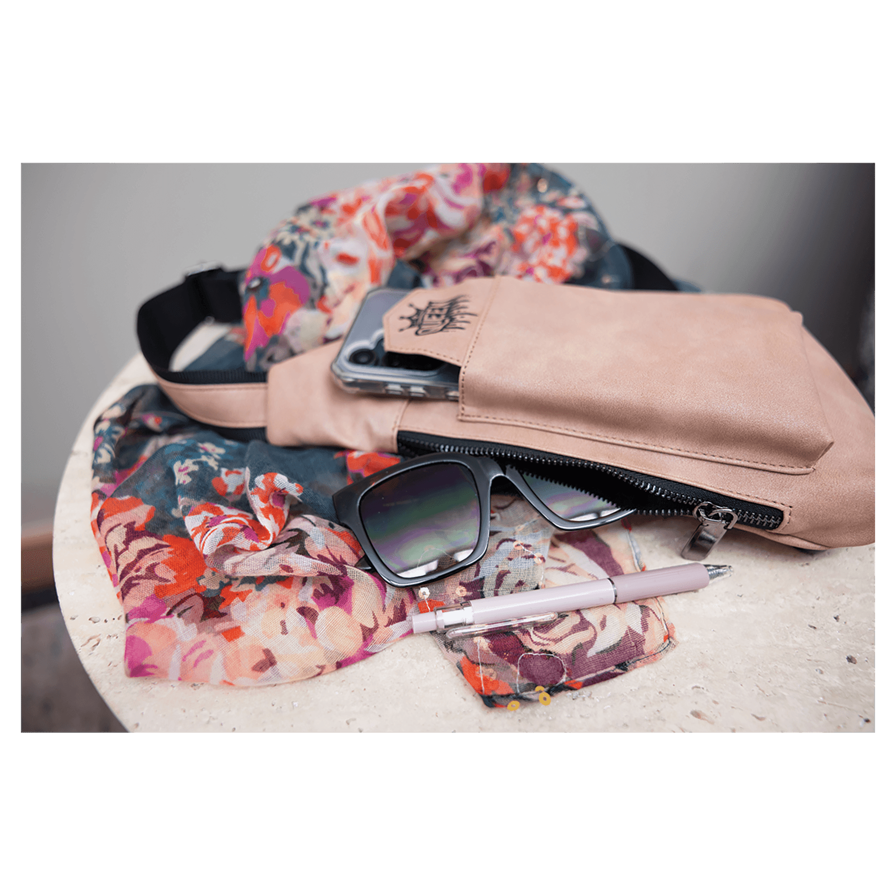 Personalized Leatherette Crossbody Bag - Creekside Collection Light Blush Open Zipper