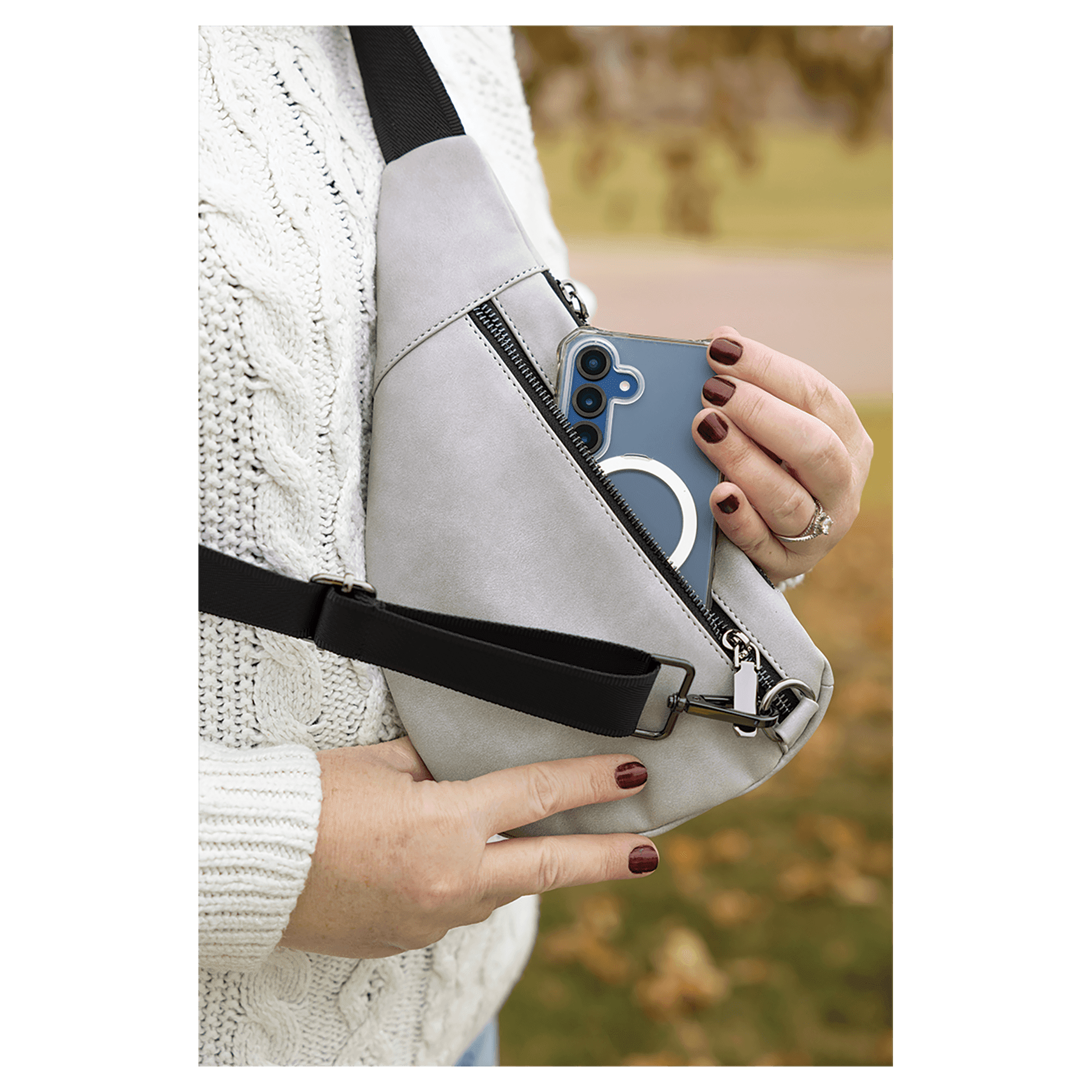 Personalized Leatherette Crossbody Bag - Creekside Collection Light Gray Open Phone Pocket