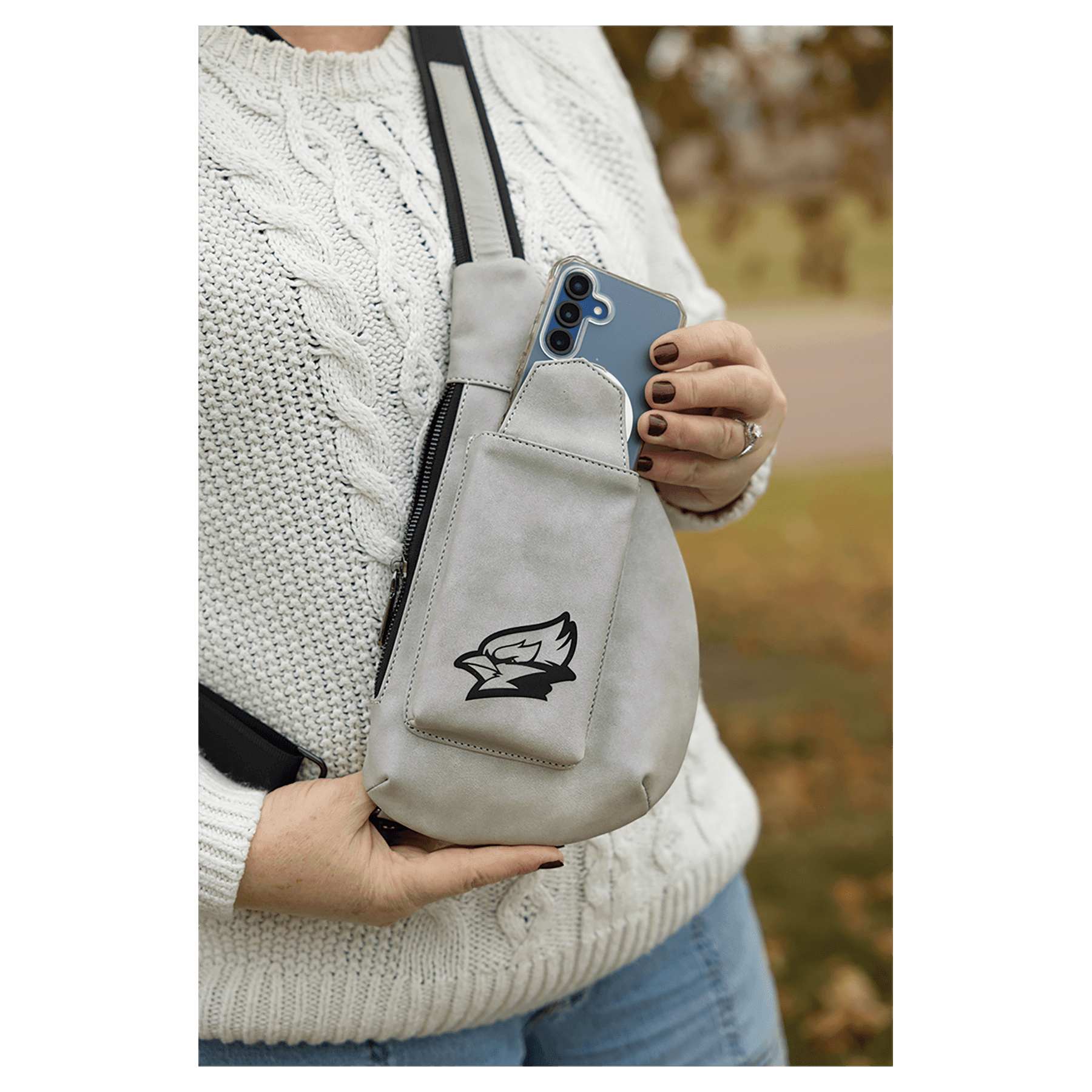 Personalized Leatherette Crossbody Bag - Creekside Collection Light Gray Open Phone Pocket