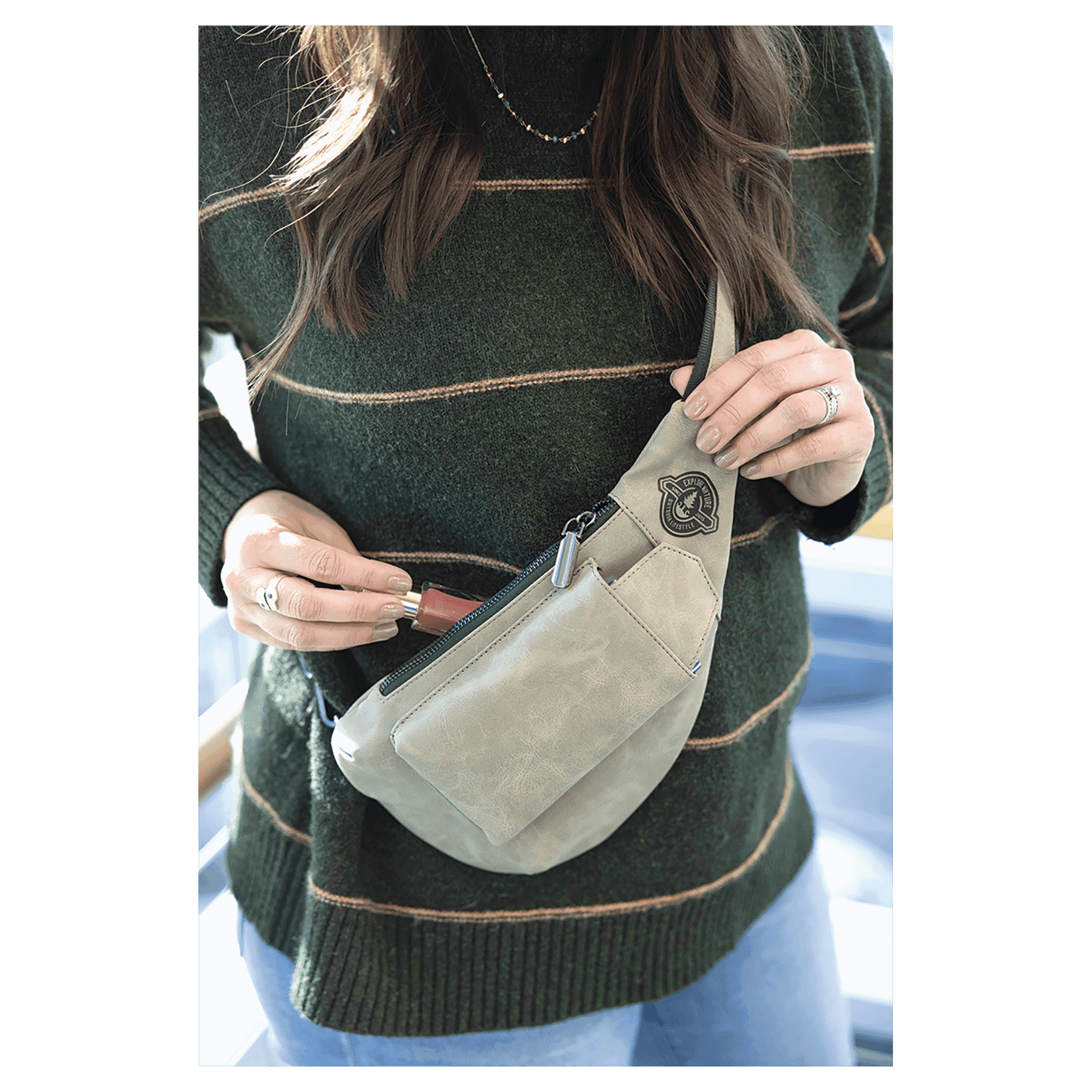 Personalized Leatherette Crossbody Bag - Creekside Collection Light Gray Open Zipper