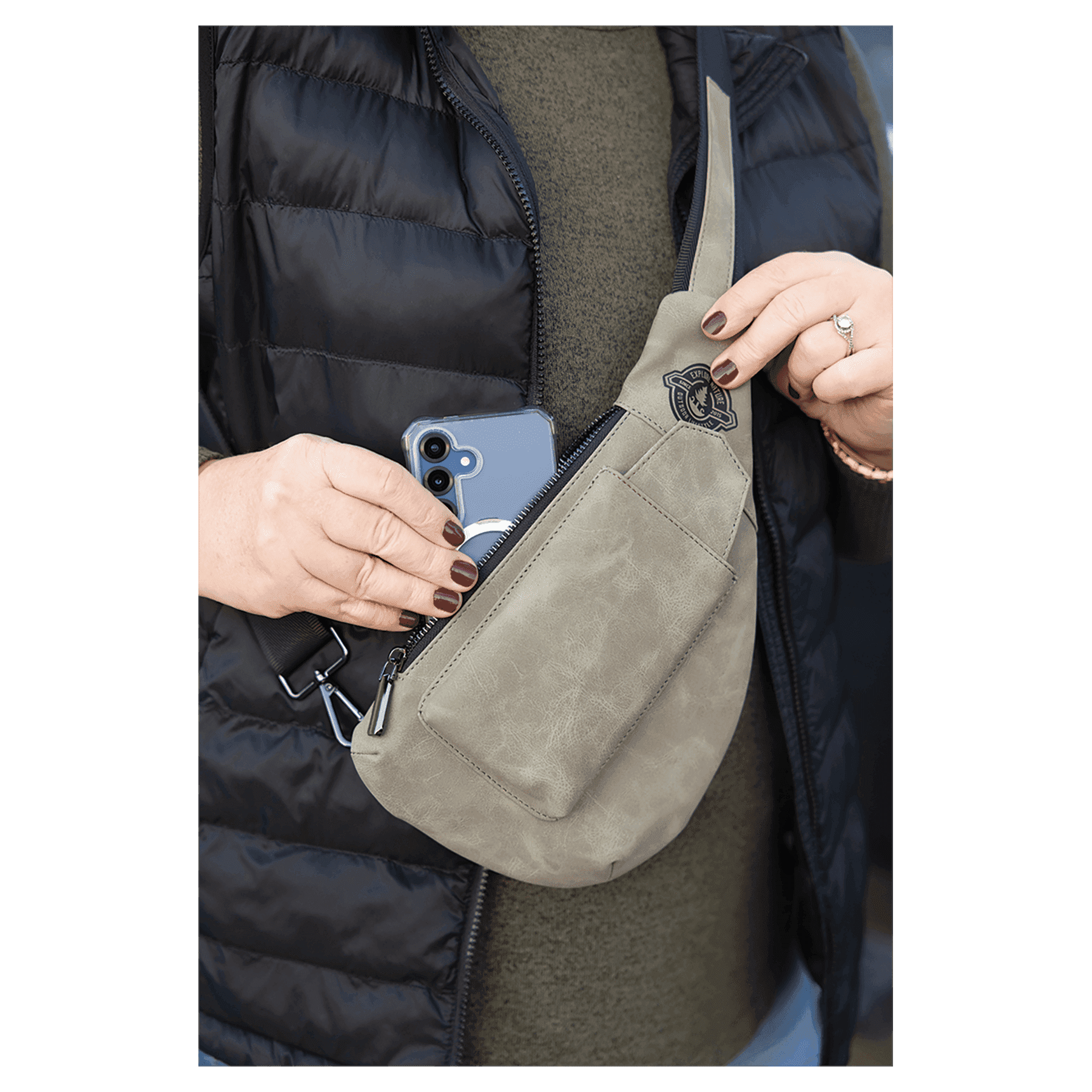 Personalized Leatherette Crossbody Bag - Creekside Collection Light Green Open Phone Pocket