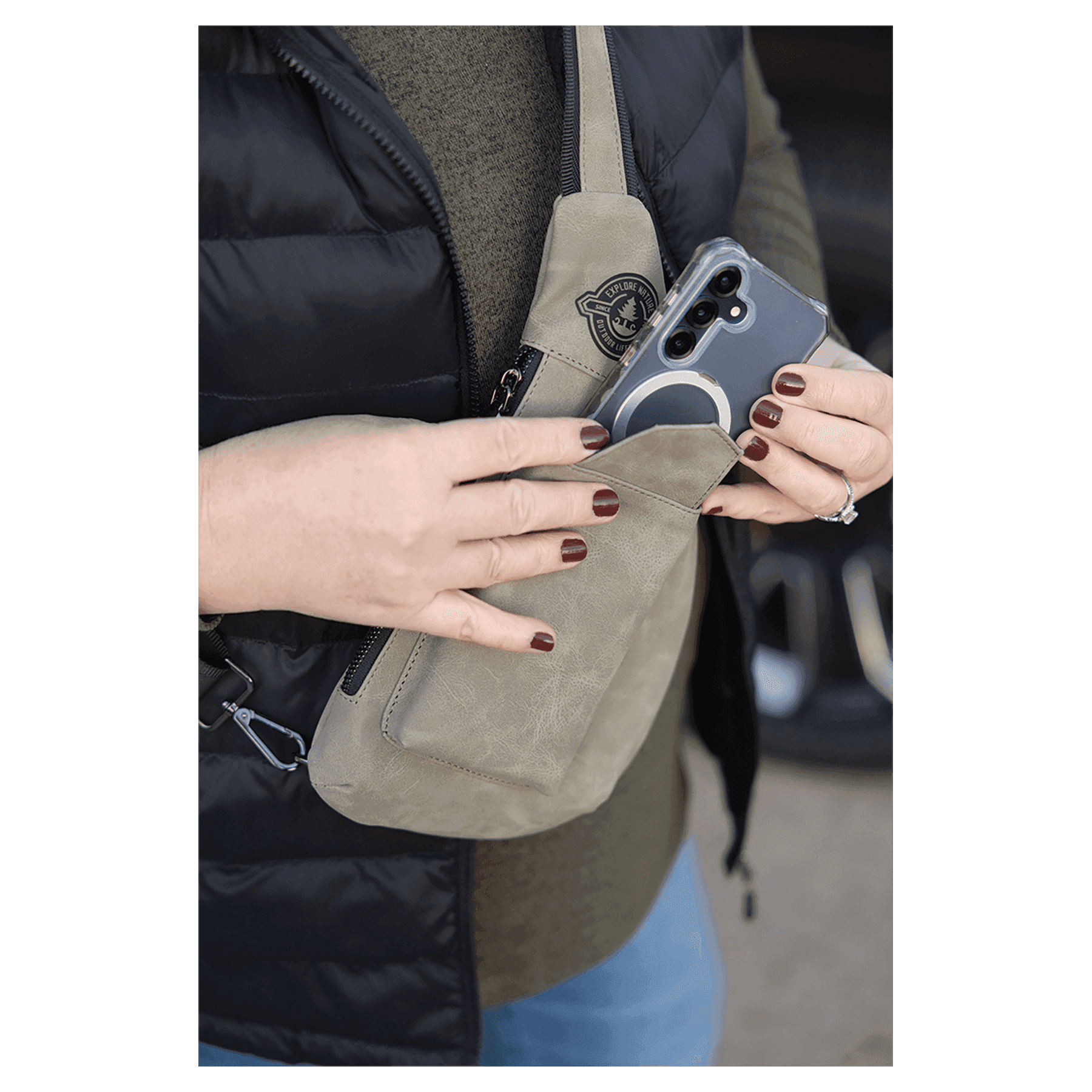 Personalized Leatherette Crossbody Bag - Creekside Collection Light Green Open Phone Pocket2