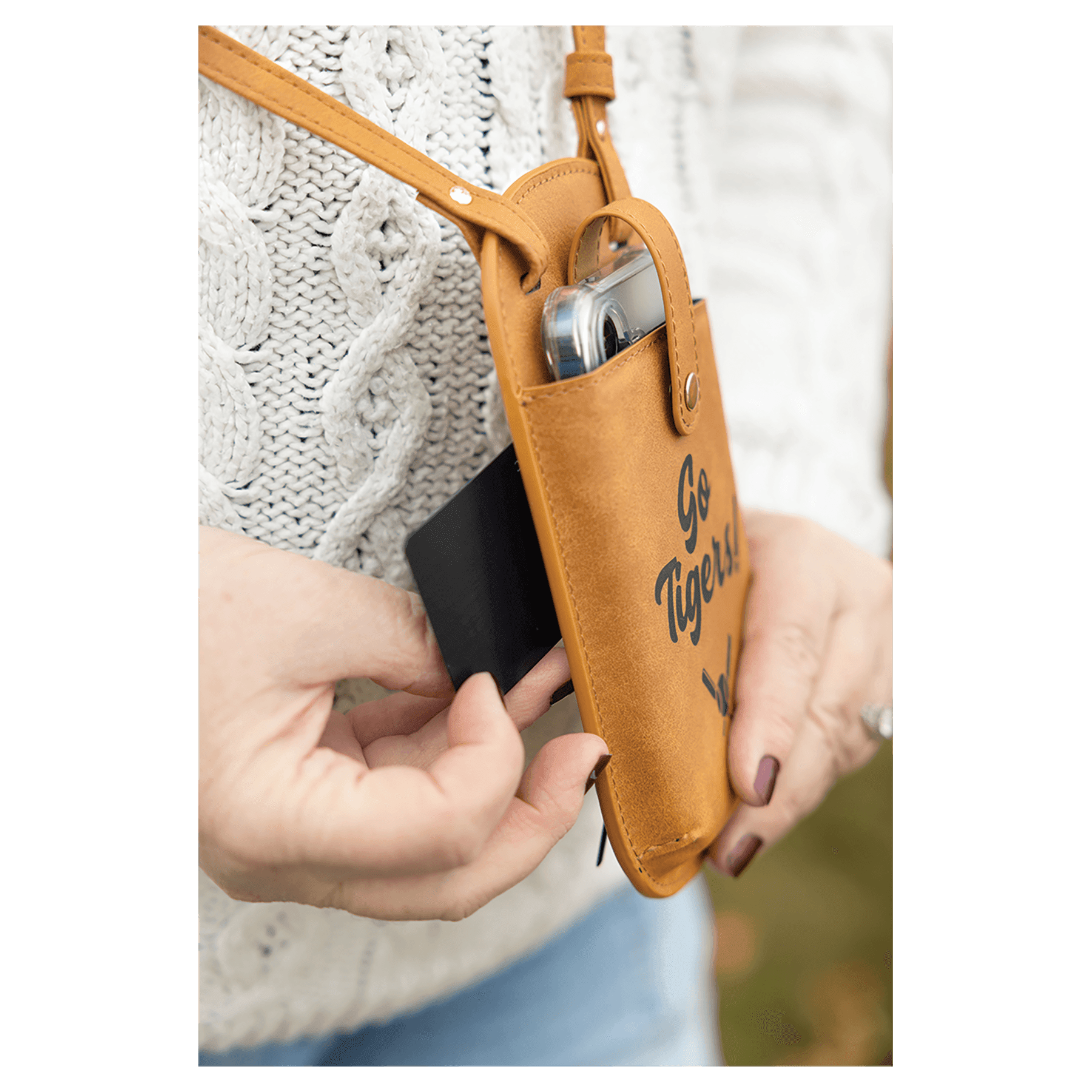 Cross Body Phone Bag - with Snap Enclosure and Back Zipper in Light Brown