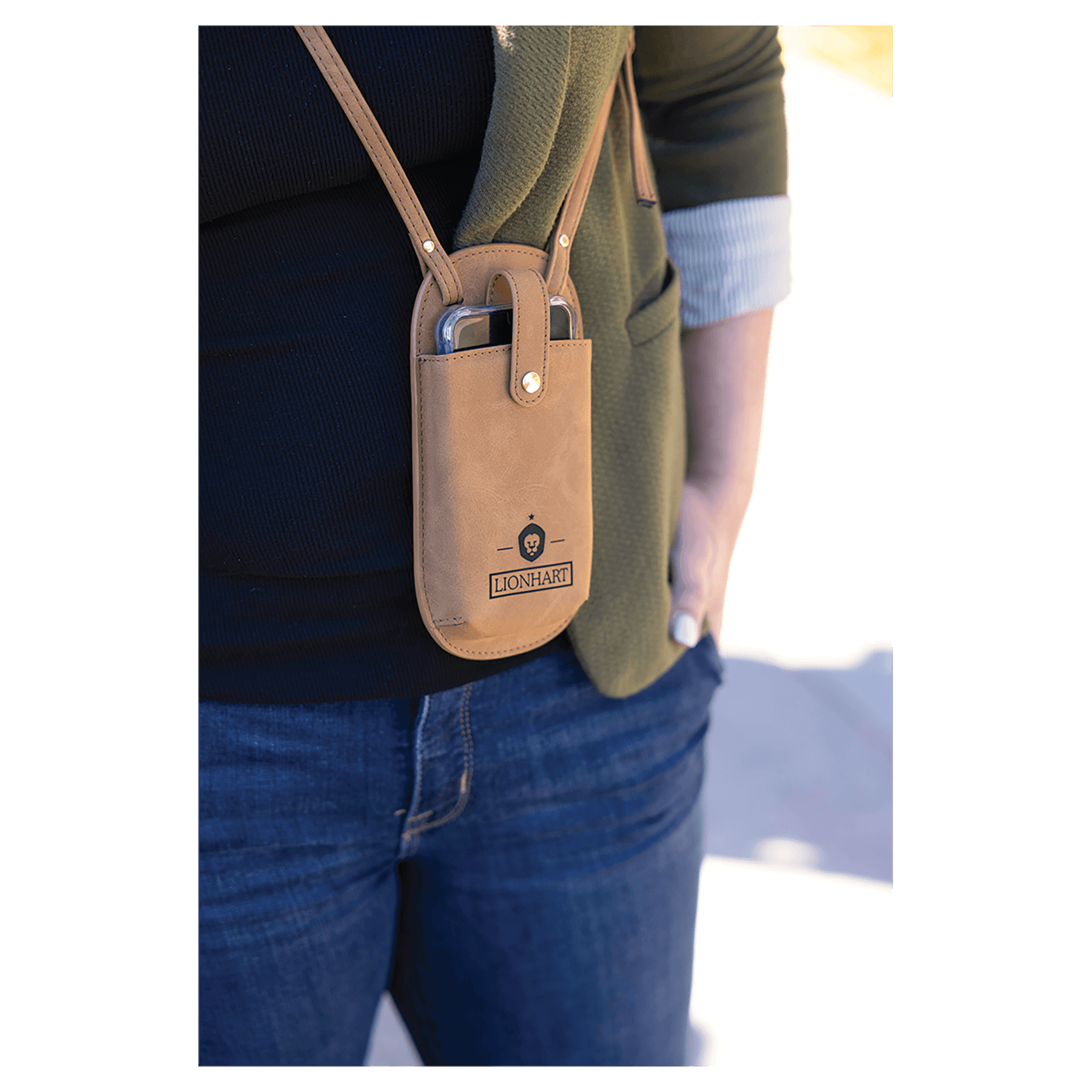 Cross Body Phone Bag - with Snap Enclosure and Back Zipper in Dark Brown - for Men and Women