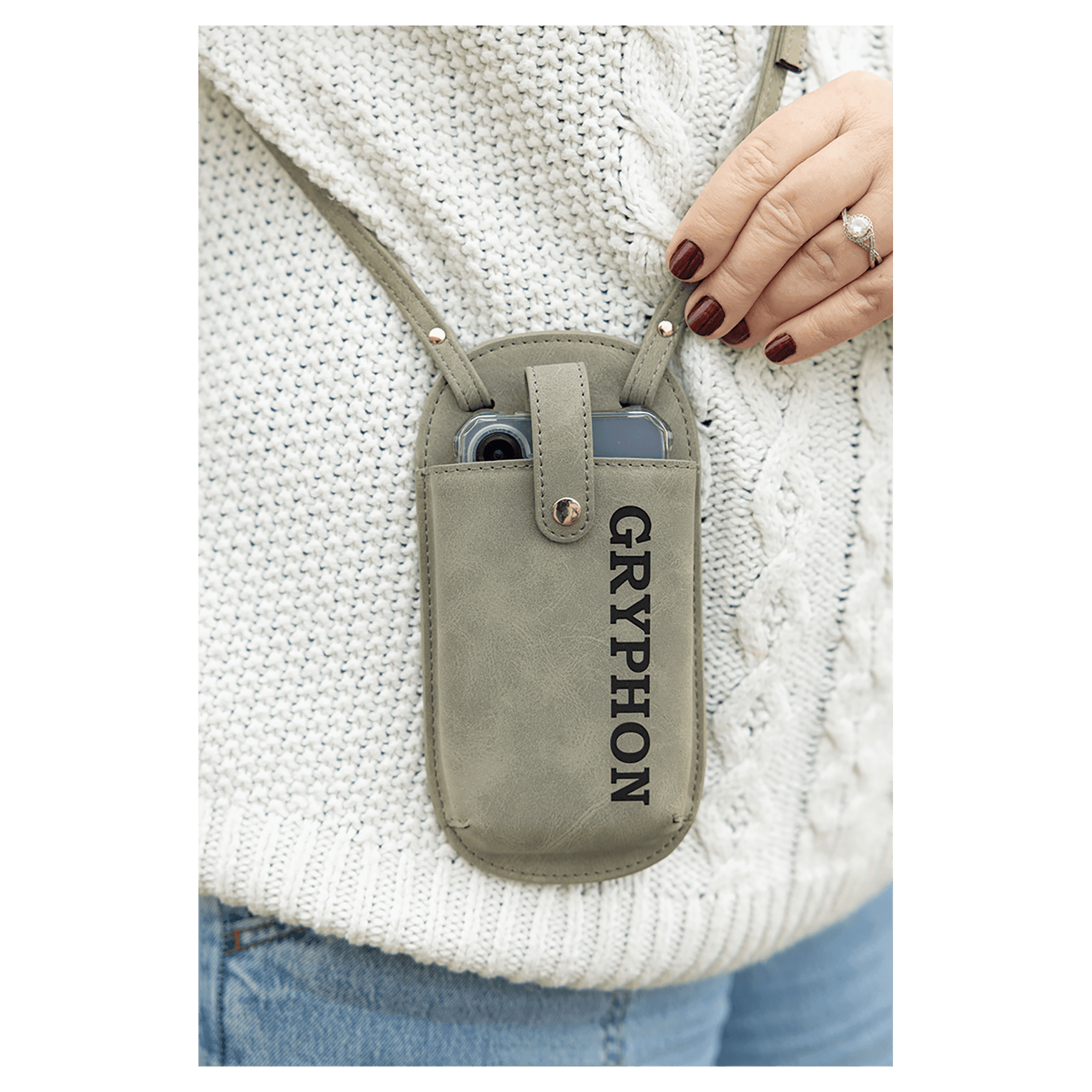 Cross Body Phone Bag - with Snap Enclosure and Back Zipper in Green - Front