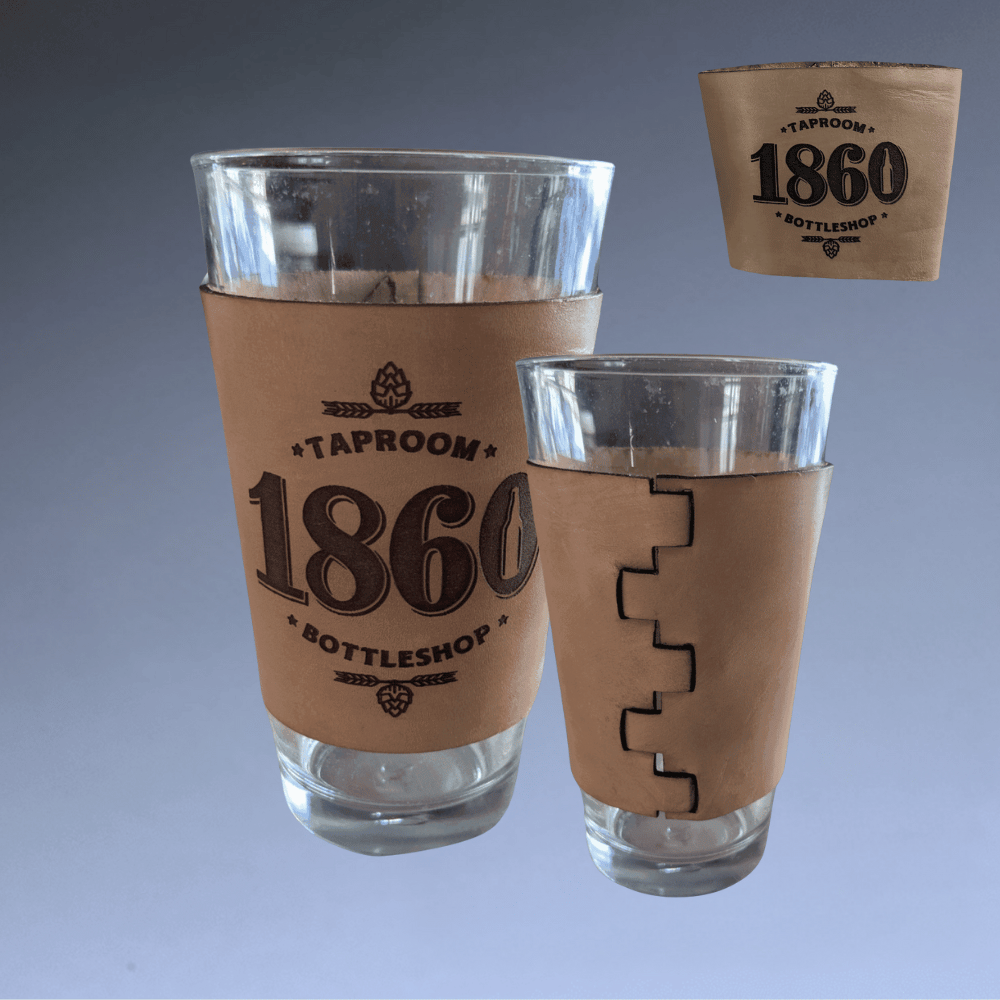 Custom Leather Pint Glass Sleeve with Engraved Personalization