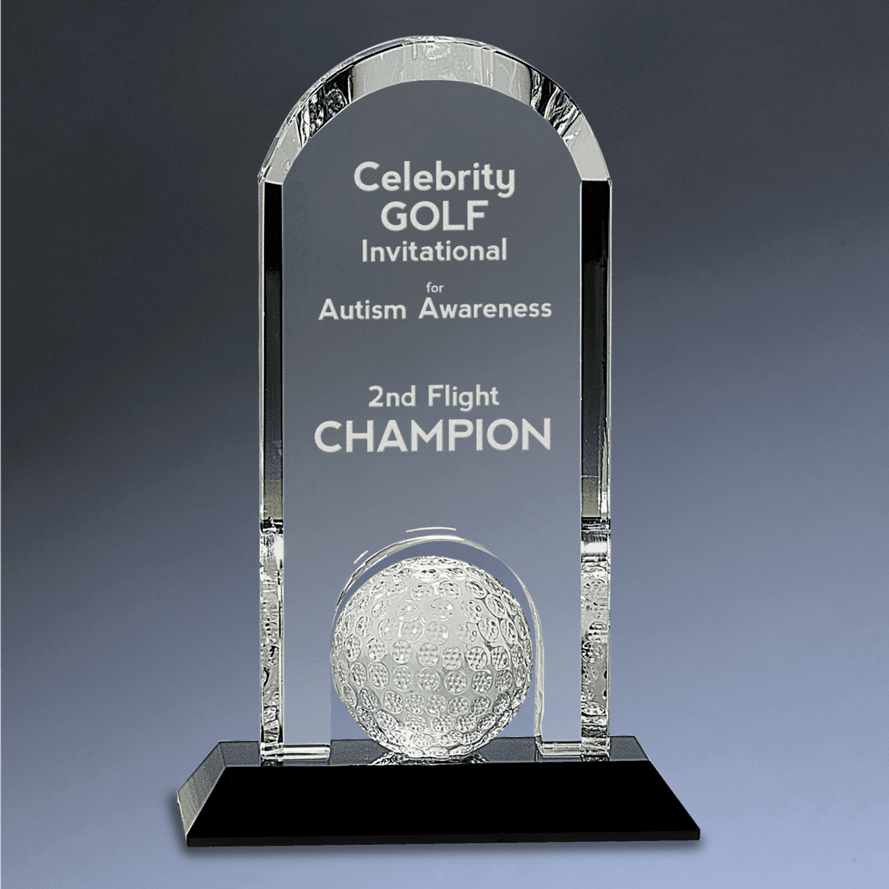 Crystal Golf Awards – Premium Recognition Trophies Crystal Oblong with Inset Golf Ball / 5 1/2"(W) x 6"(H) / Black