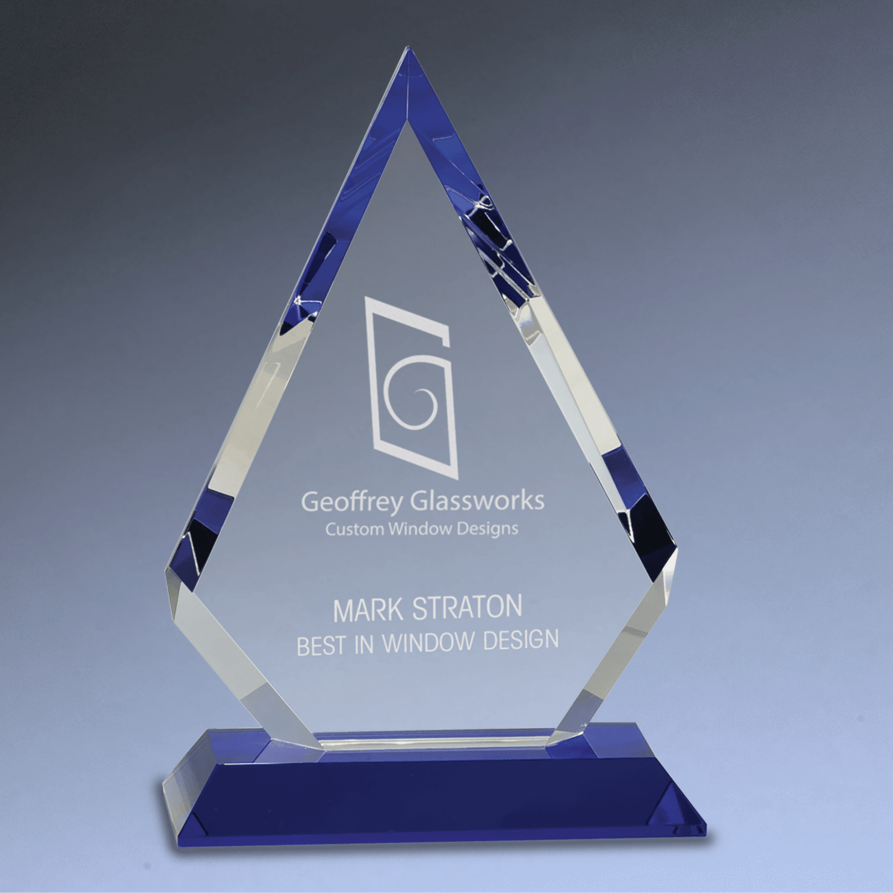 Crystal Diamond Award on Blue Pedestal Base 6" (w) x 9" (h)